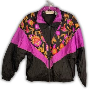 Vintage Floral Print Colorblock 80s 90s Windbreaker Jacket Womens S Black Purple